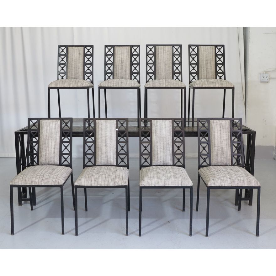 HEAVY TILE AND GLASS TOP STEEL PATIO TABLE AND SET OF 8 CHAIRS