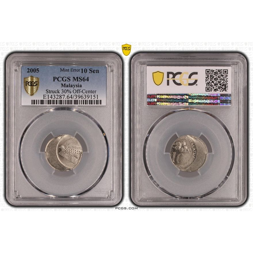 Malaysia, Struck 30% Off-Center, Ten Sen, 2005, PCGS MS64