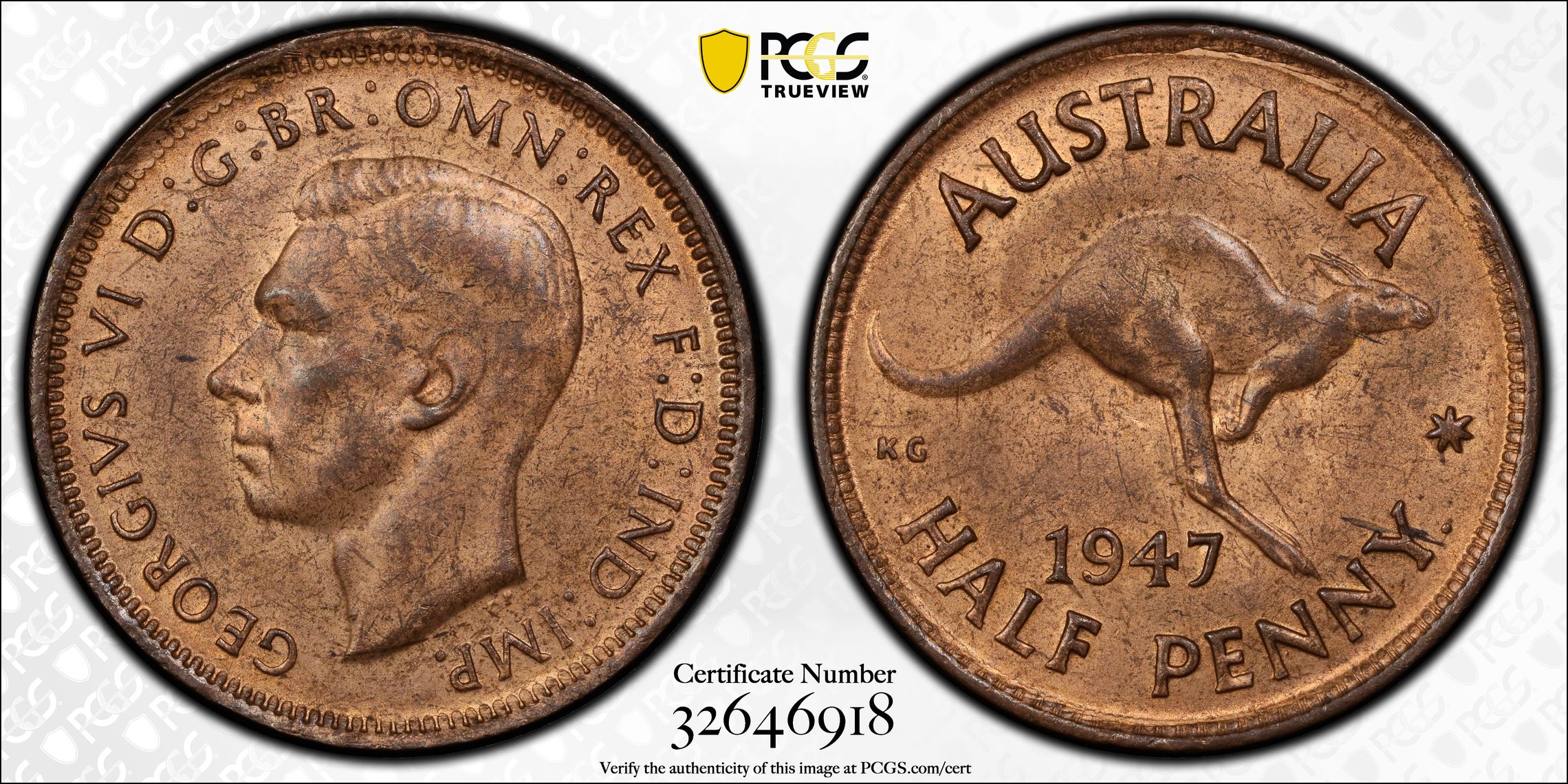 George VI, , Halfpenny, 1947(p), PCGS MS63RB