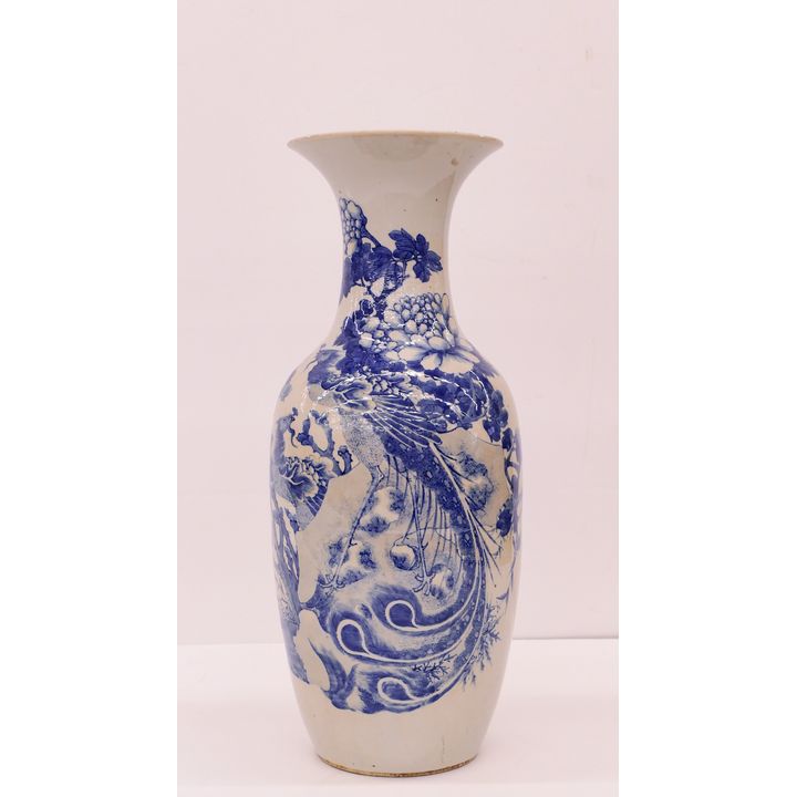 Antique Chinese B&W Porcelain Large Phoenix Vase- 23.5x8'' (large hairline crack)