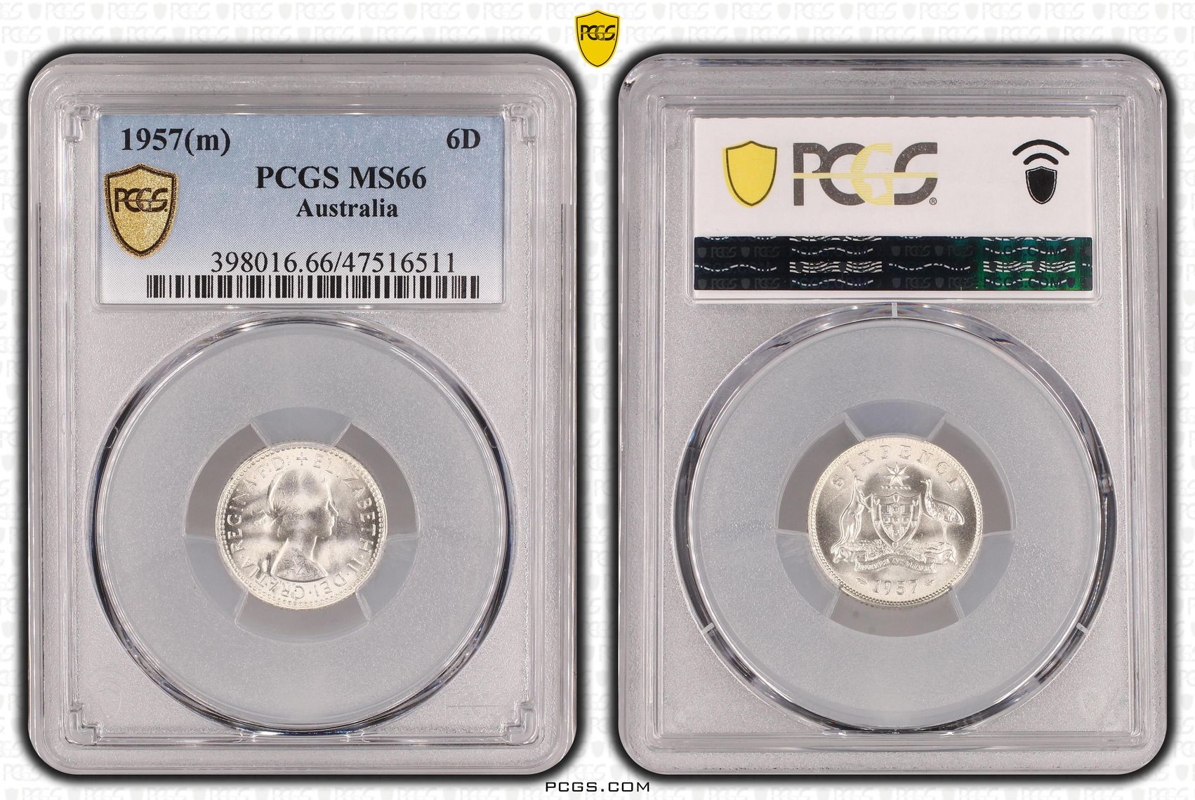 Sixpence, 1957(m), PCGS MS 66