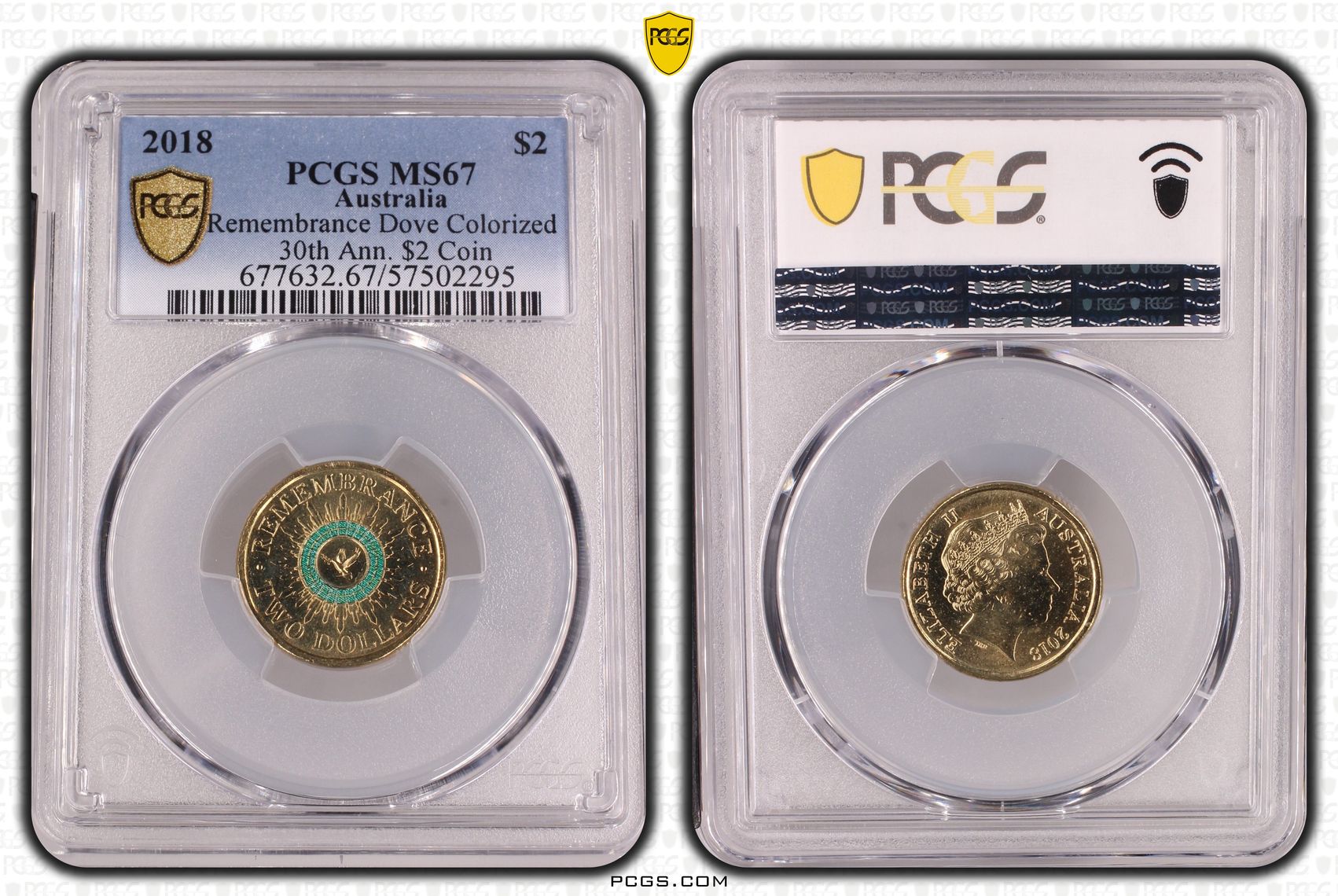 Remembrance Dove Colourised 30th Ann. $2 Coin, Two Dollar, 2018, PCGS MS67