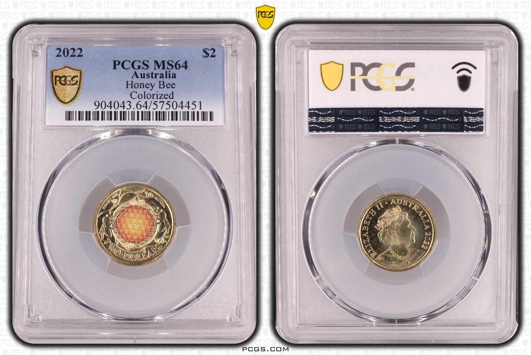 Honey Bee Colourised, Two Dollar, 2022, PCGS MS64