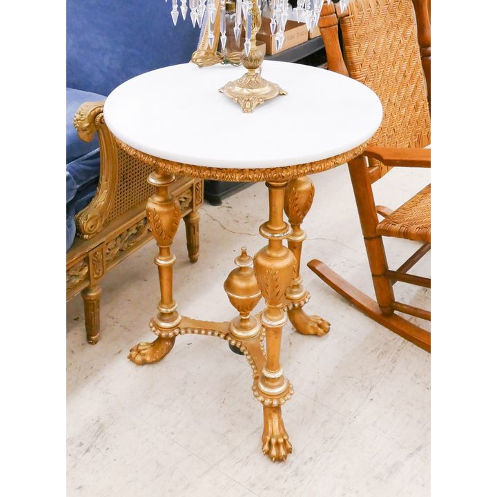 French Gilt Carved Clawfoot Marble Top Round Table- 30x25'' (repair to base)