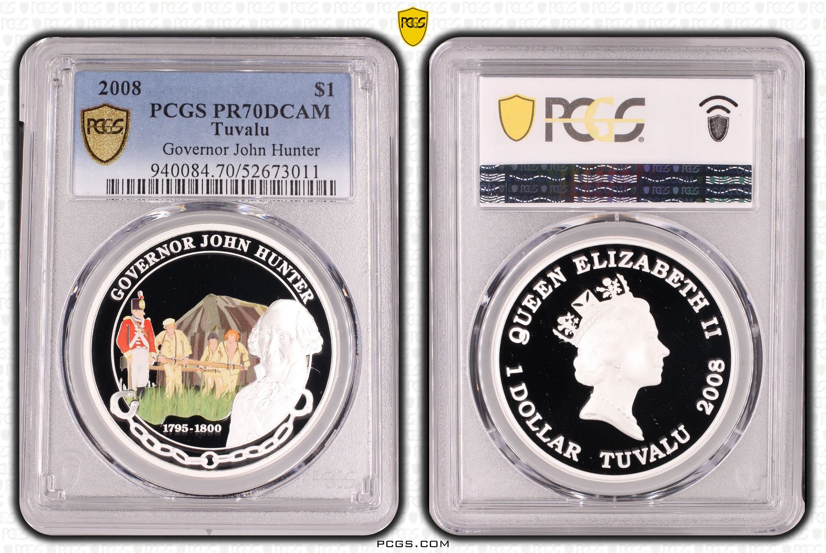 Tuvalu, Governor John Hunter, POP 3/0, One Dollar, 2008, PCGS PR70DCAM