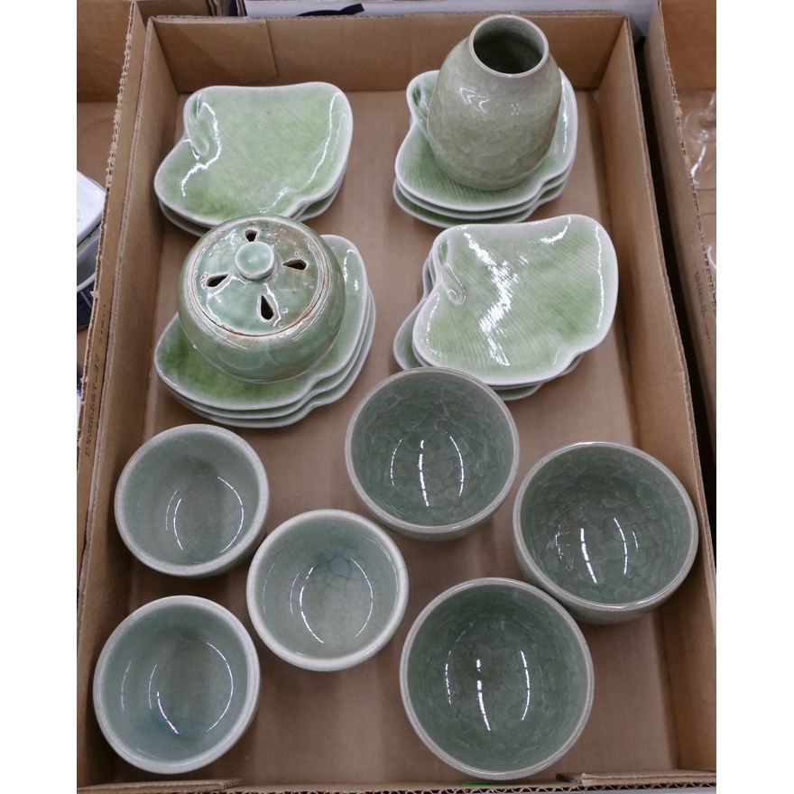 Box Green Glazed Tea Cups Etc.