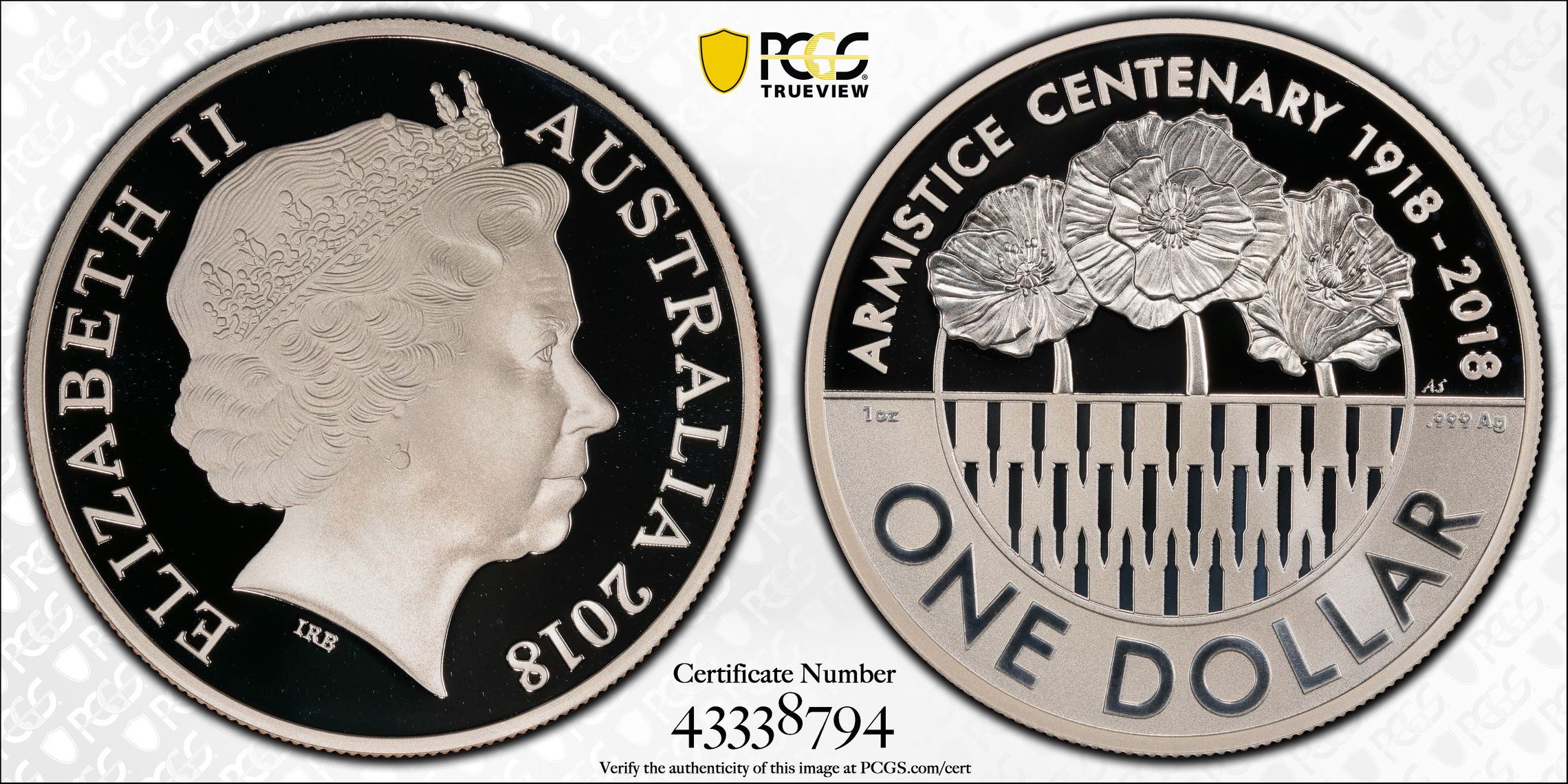 2018 Australia One Dollar, $1 Silver Proof Armistice Centenary Ag PCGS - PR70DCAM POP 9/0 -794