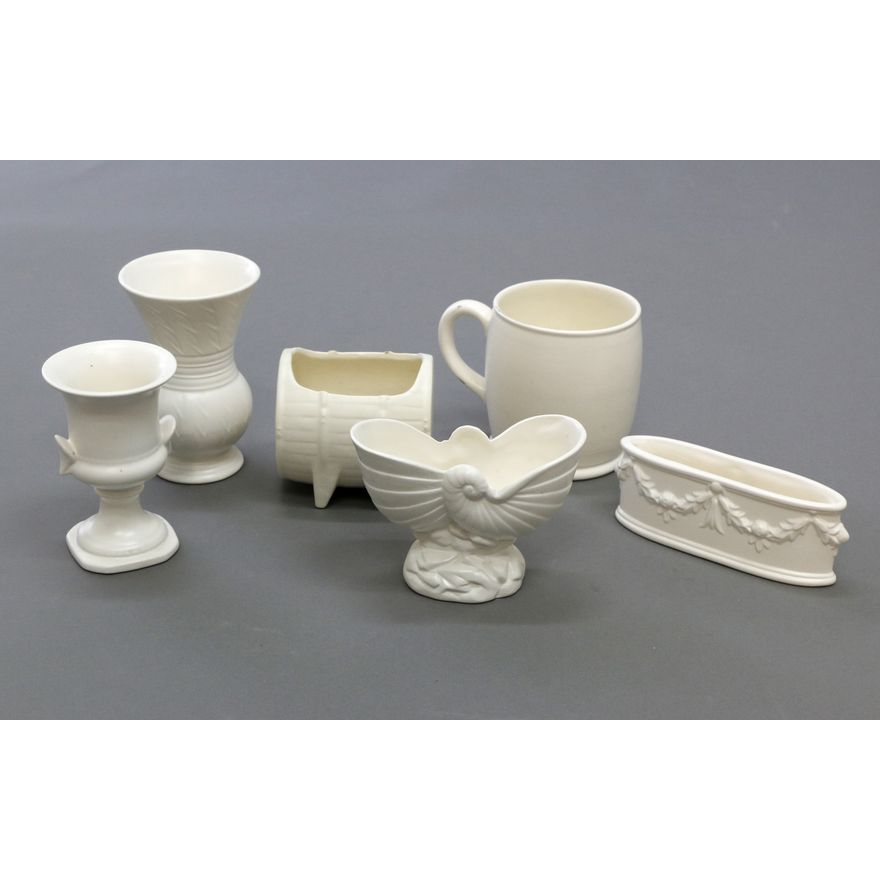 Crown Lynn Potteries, A collection of five assorted small white vases and a mug