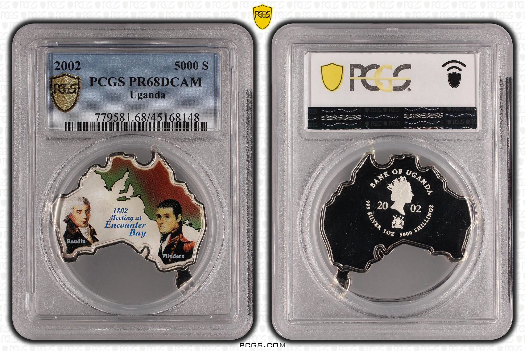 Uganda, Flinders and Baudin, Five Thousand Shillings, 2002, PCGS PR68DCAM