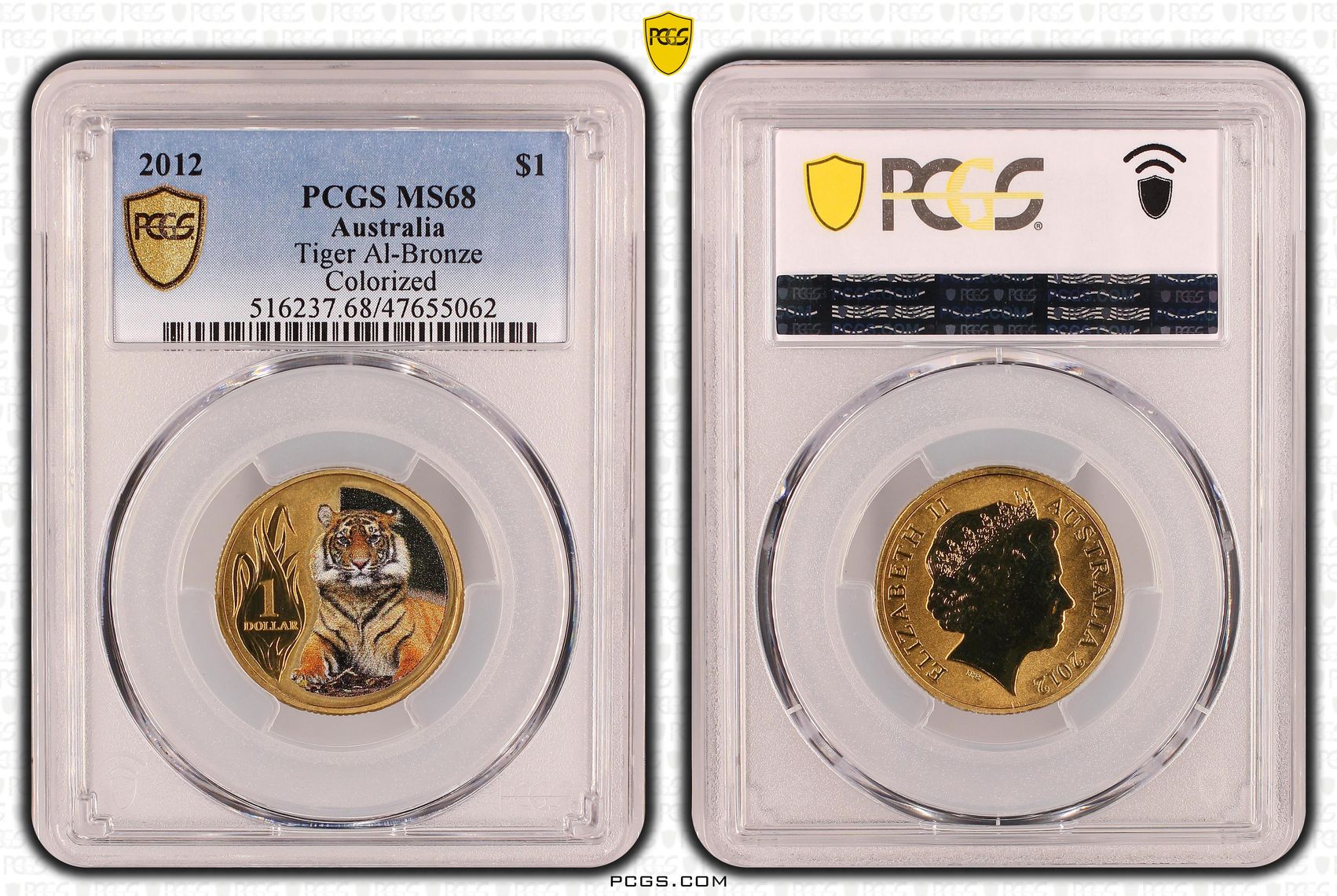 Elizabeth II, Tiger Al-Bronze, One Dollar, 2012, PCGS MS68
