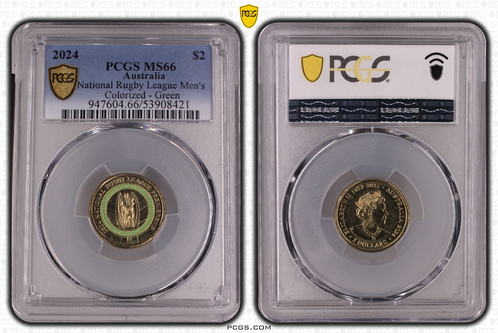 National Rugby League Men's Colourised - Green, Two Dollar, 2024, PCGS MS66