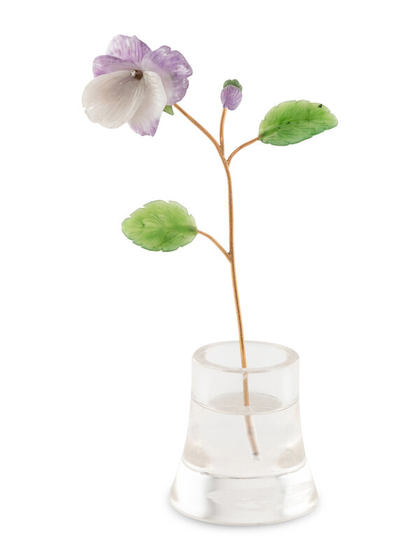 A Diamond-Mounted Carved Rock Crystal, Nephrite, Amethyst and 18-Karat Gold Pansy Flower Study