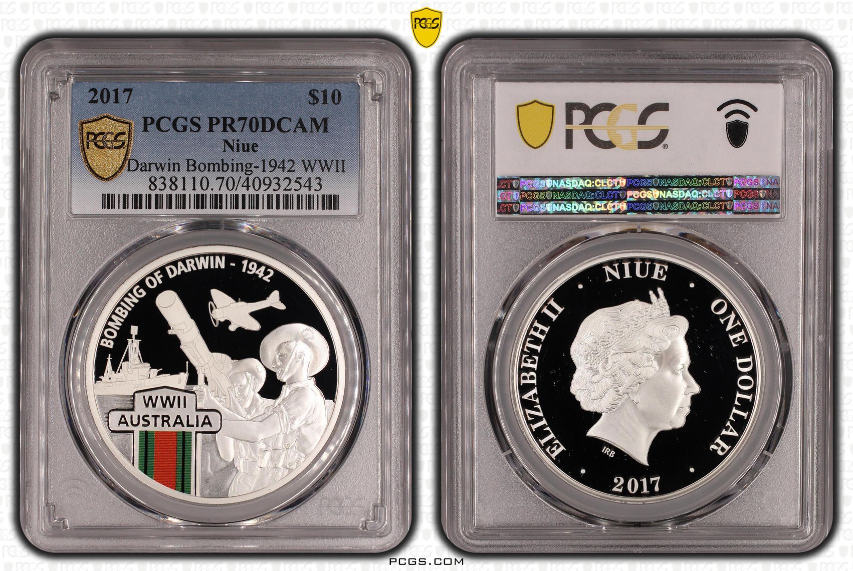 Niue, Darwin Bombing-1942 WWII, POP 2/0, One Dollar, 2017, PCGS PR70DCAM