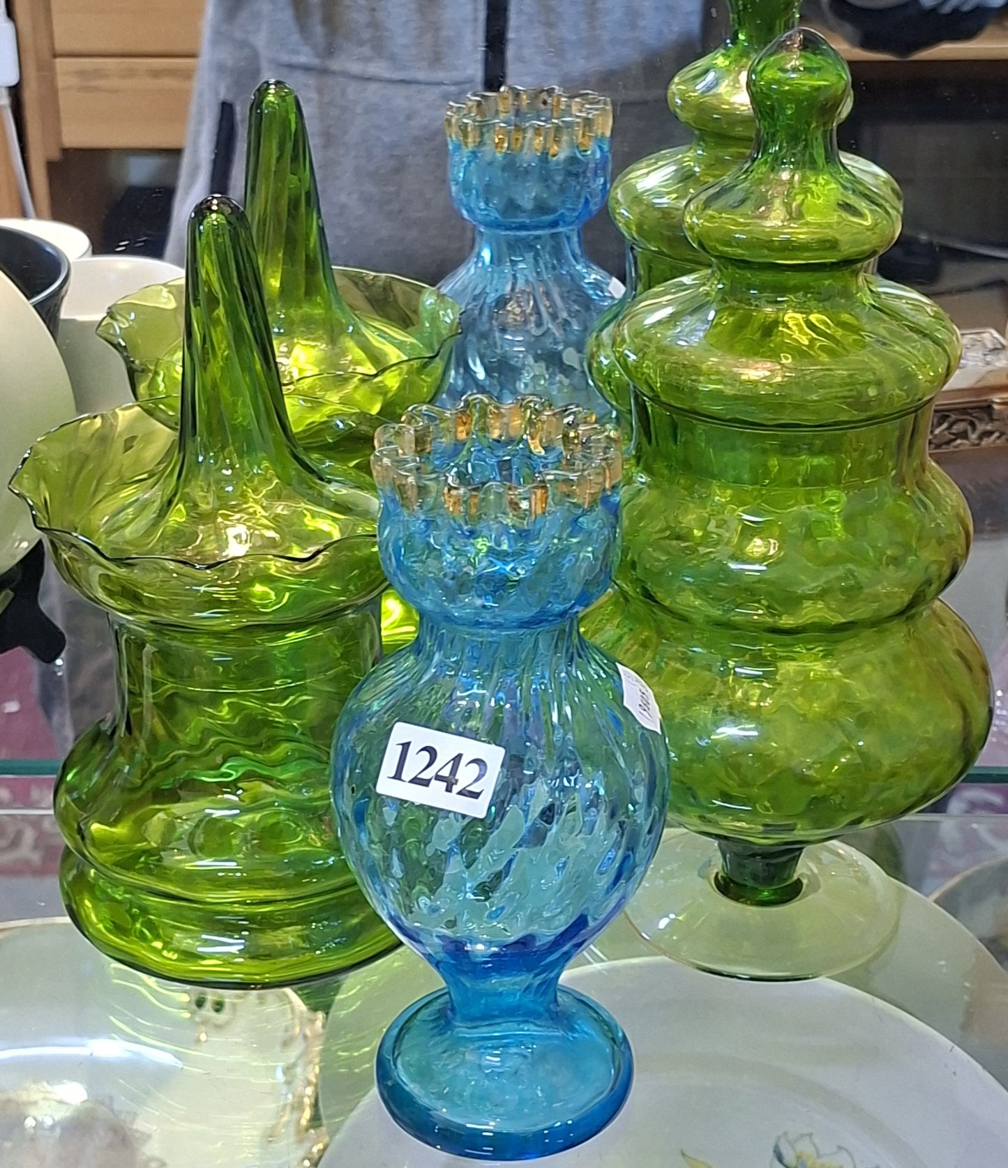 1242 · BLUE VASE AND GREEN LOLLY JAR