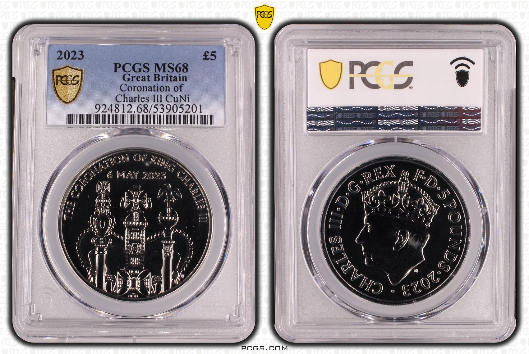 Great Britain, Charles III, Coronation of Charles III CuNi, Five Pound, 2023, PCGS MS68