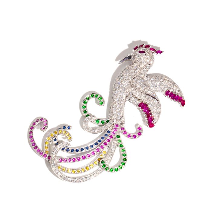 Phenix Diamond Ruby Sapphire & Garnet Pendant/Brooch,
