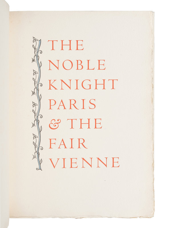 [ALLEN PRESS]. CAXTON, William, translator. The Noble Knight Paris &amp; the Fair Vienne. Kentfield, CA: Allen Press, 1956.