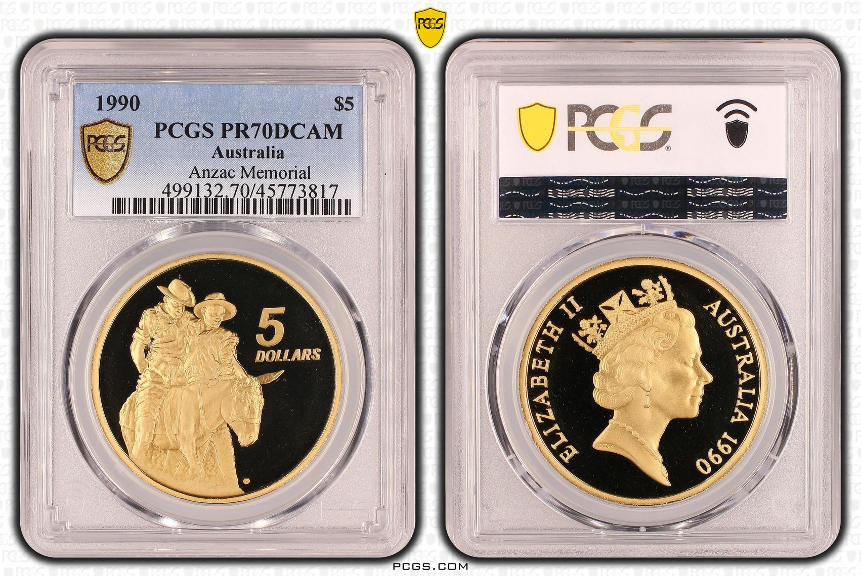 Elizabeth II, Anzac Memorial, POP 9/0, Five Dollar, 1990, PCGS PR70DCAM