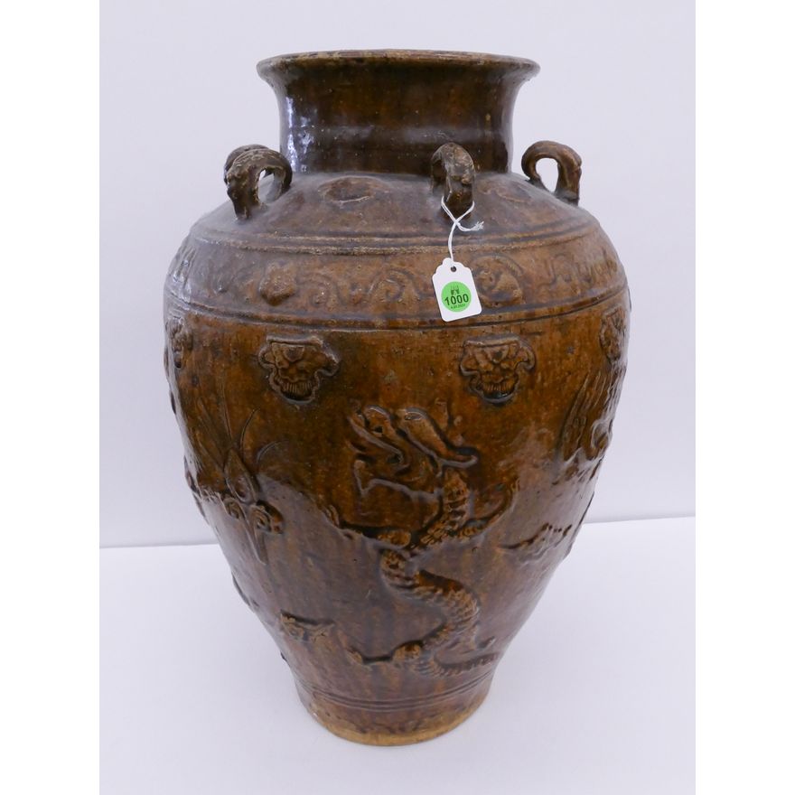 Antique Asian Martaban Pottery Dragon Jar- 22x14''