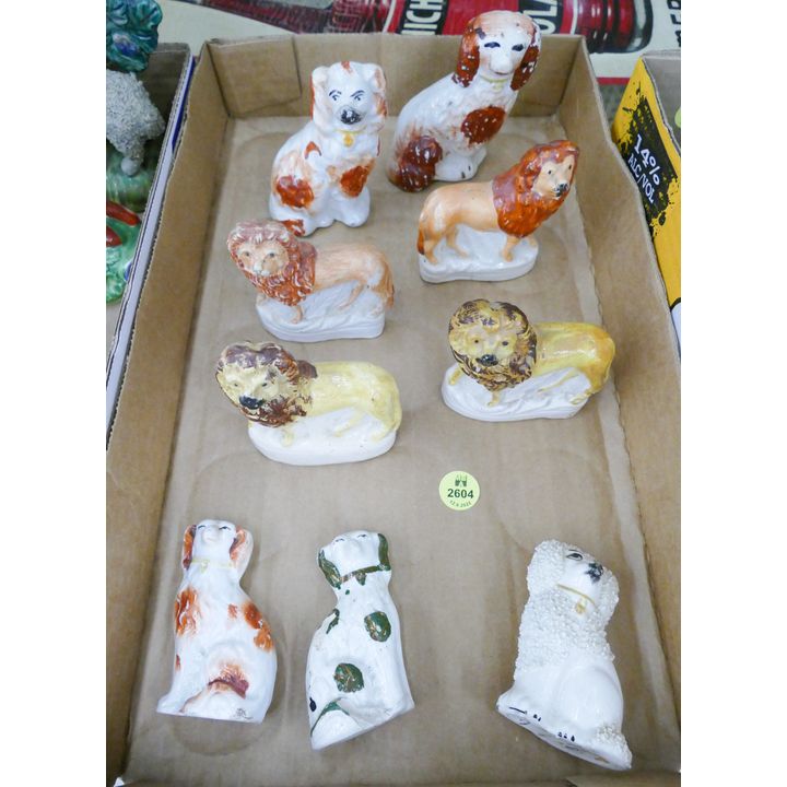 Box 9pc Antique Staffordshire Dog & Lion Small Figures