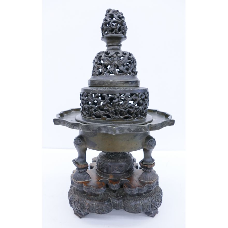 Chinese Qing Bronze Tripod Censer on Stand