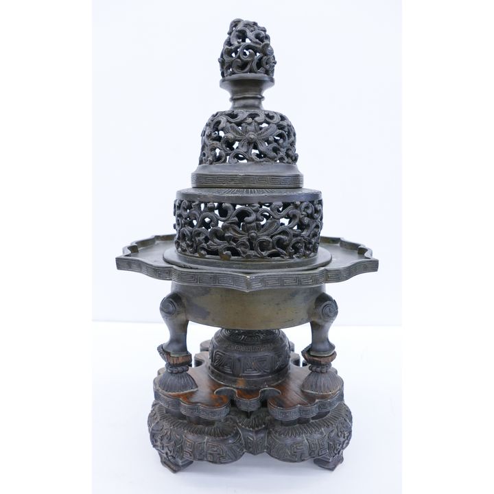 Chinese Qing Bronze Tripod Censer on Stand