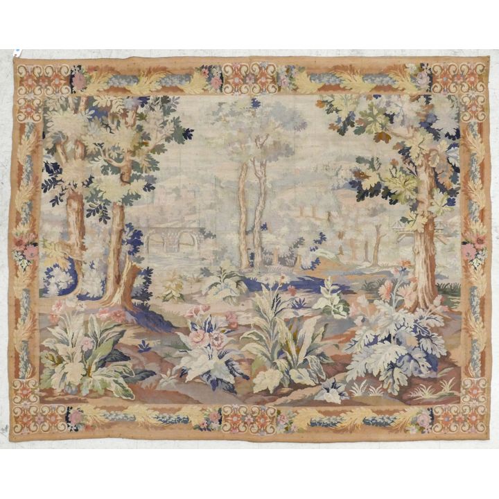 Antique French Country Landscape Wool Tapestry 6'5''x8'