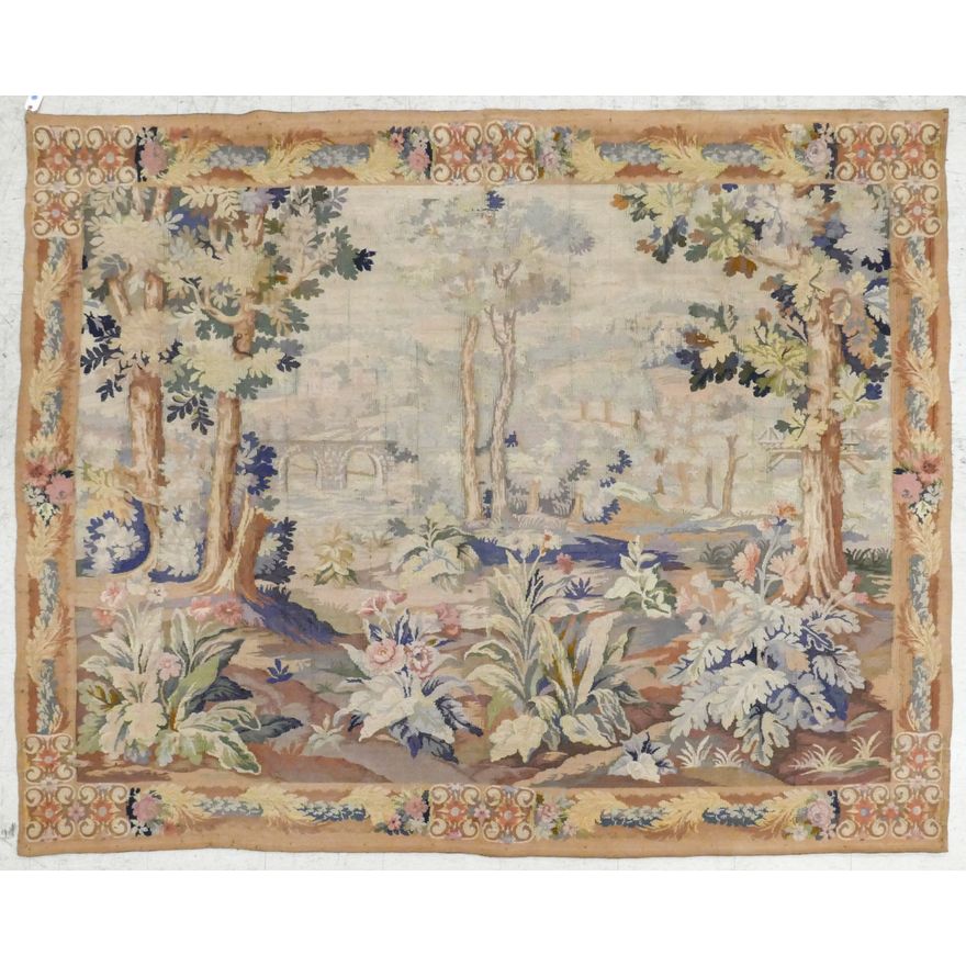 Antique French Country Landscape Wool Tapestry 6'5''x8'