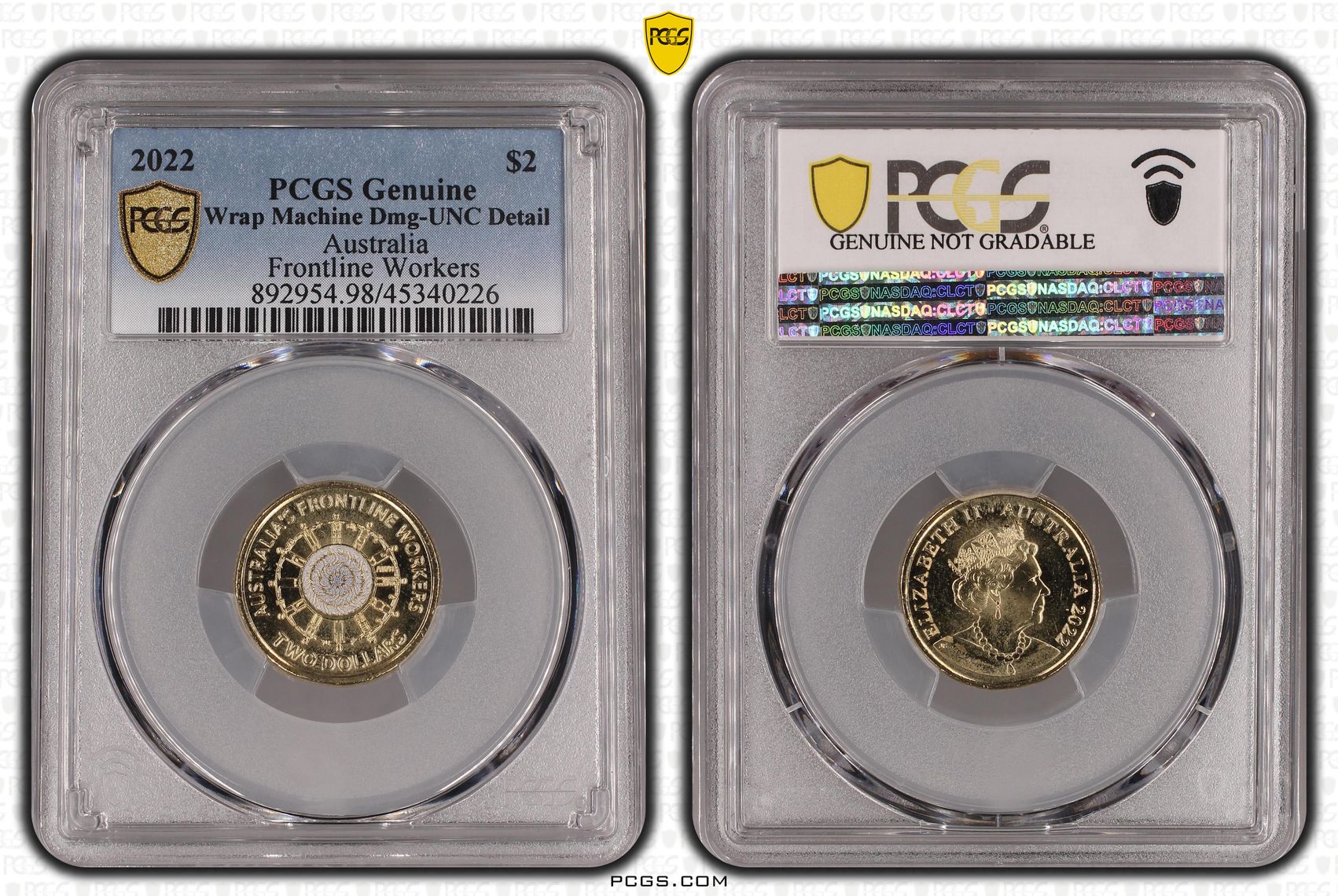 2022 Australia Two Dollar, $2 Frontline Workers PCGS - Genuine - UNC Details (98 - Damage) -226