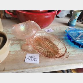 Pink Carnival glass footed dish and pink platter