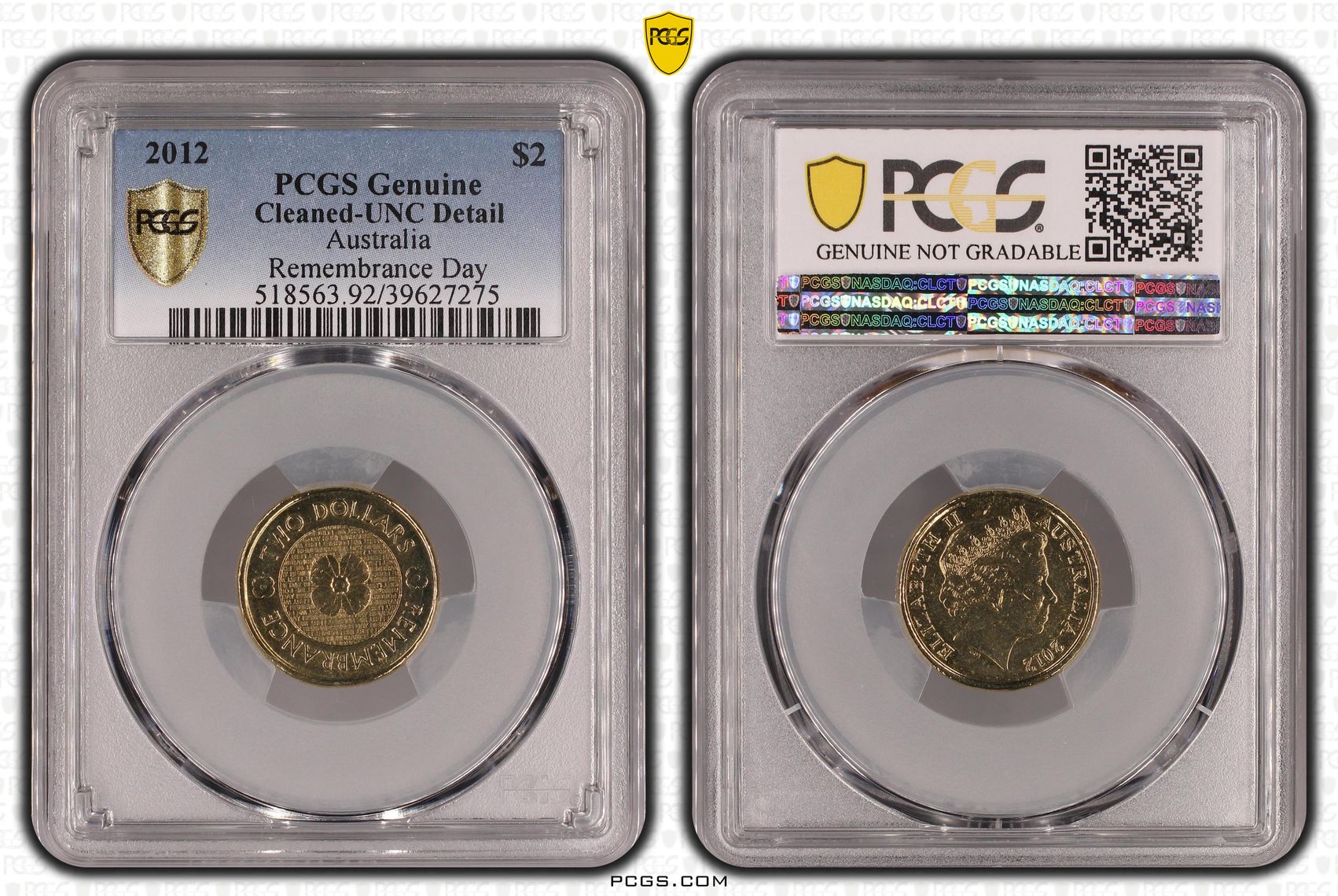 Remembrance Day, Two Dollar, 2012, PCGS Genuine - UNC Details (92 - Cleaned)