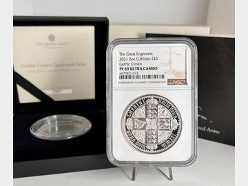 2021 ELIZABETH II THE GREAT ENGRAVERS 'QUARTERED ARMS' PROOF 2oz SILVER 5 POUND PF69 UCAM