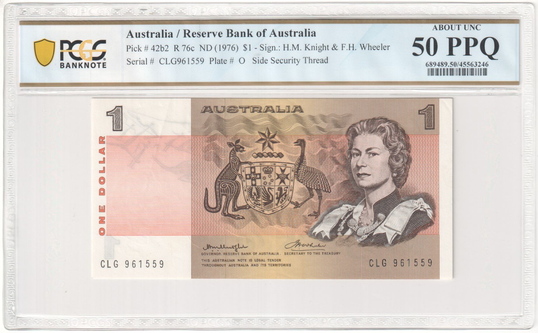 91 · R. 76c, Reserve Bank of Australia, Sign.: H.M. Knight & F.H. Wheeler, Side Thread, One Dollar, ND (1976), PCGS - About UNC 50 PPQ