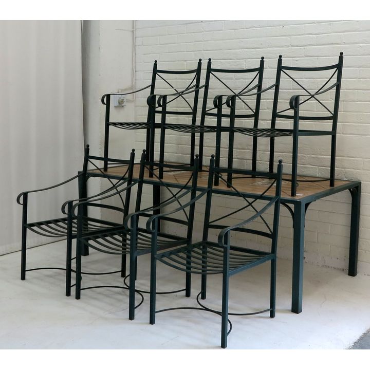 TILE TOP STEEL PATIO TABLE AND SET OF 6 CHAIRS