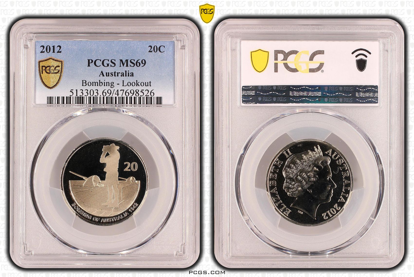 Elizabeth II, Bombing - Lookout, Pop 3/0, Twenty Cent, 2012, PCGS MS69