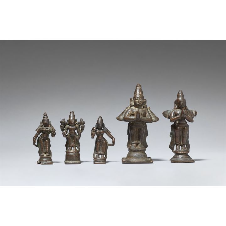 A group of five copper alloy standing figures. Southern India. 16th century and later