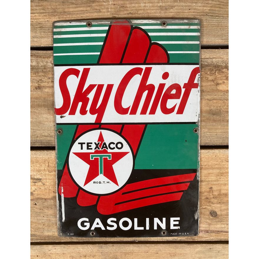 1940 Texaco White-T Sky Chief Gasoline Single Sided Porcelain Pump Plate Sign TAC 9