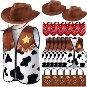 TOULITE 24 PCS COWBOY COSTUME SET COWBOY OUTFIT INCLUDE 6 FELT COWBOY HATS 6 VEST TOPS 6 PAISLEY BANDANAS 6 TOTE BAGS FOR KIDS WES