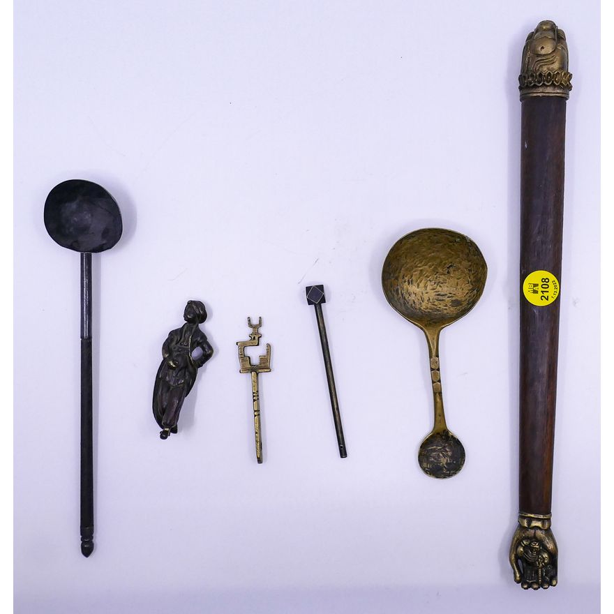 6pc Old Asian Metal Scoops and Buddhist Items Etc- largest 12''