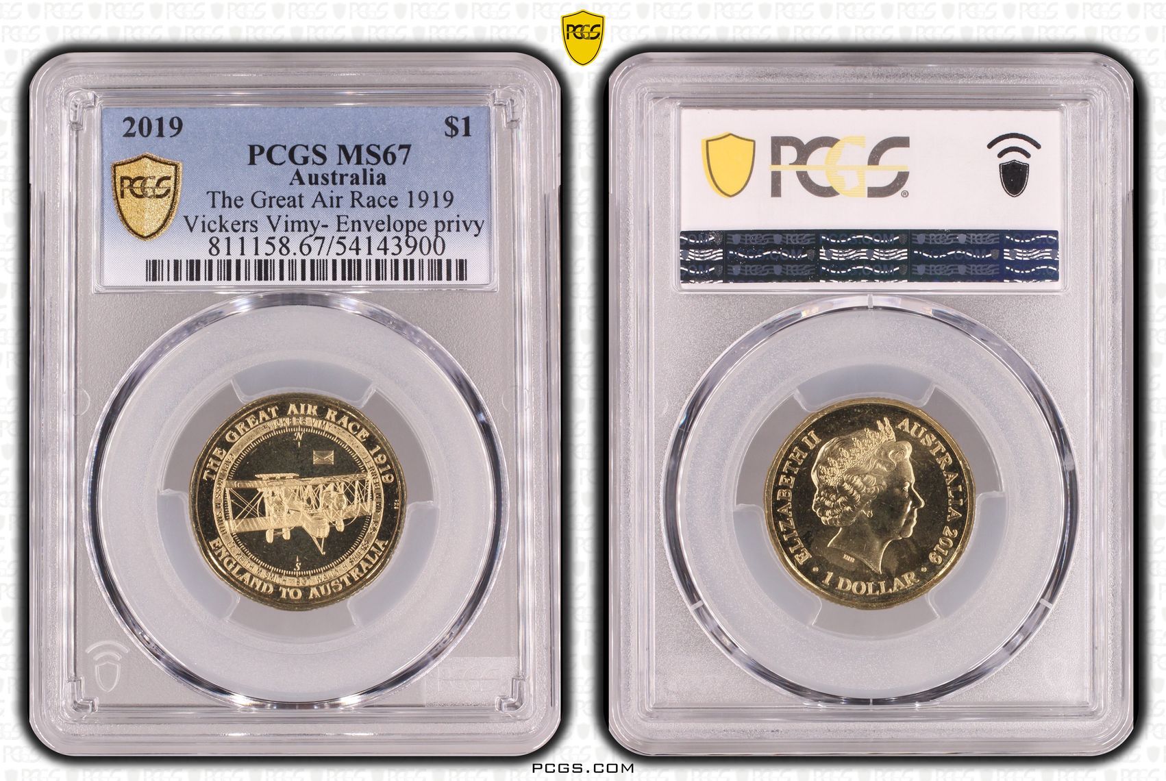 The Great Air Race 1919 Vickers Vimy- Envelope privy, One Dollar, 2019, PCGS MS67