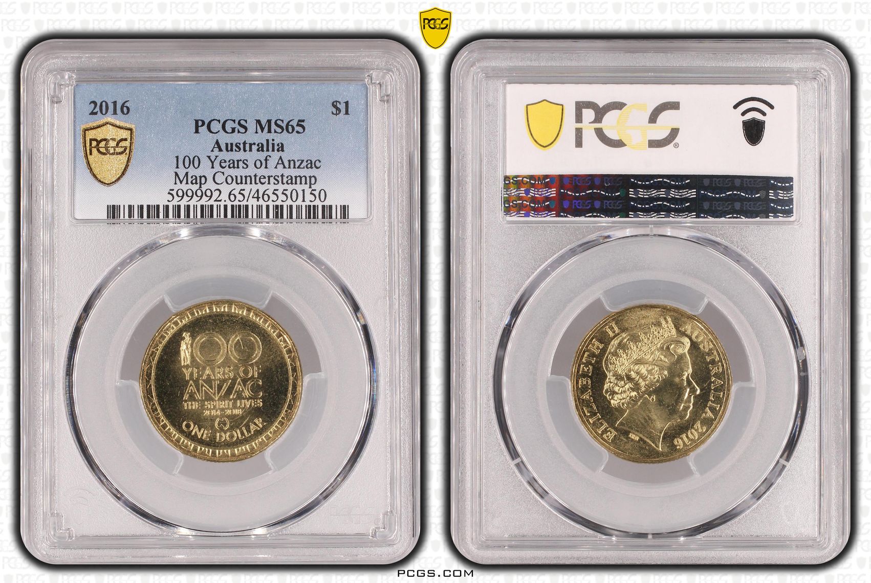 Elizabeth II, 100 Years of Anzac, Map Counterstamp, One Dollar, 2016, PCGS MS65