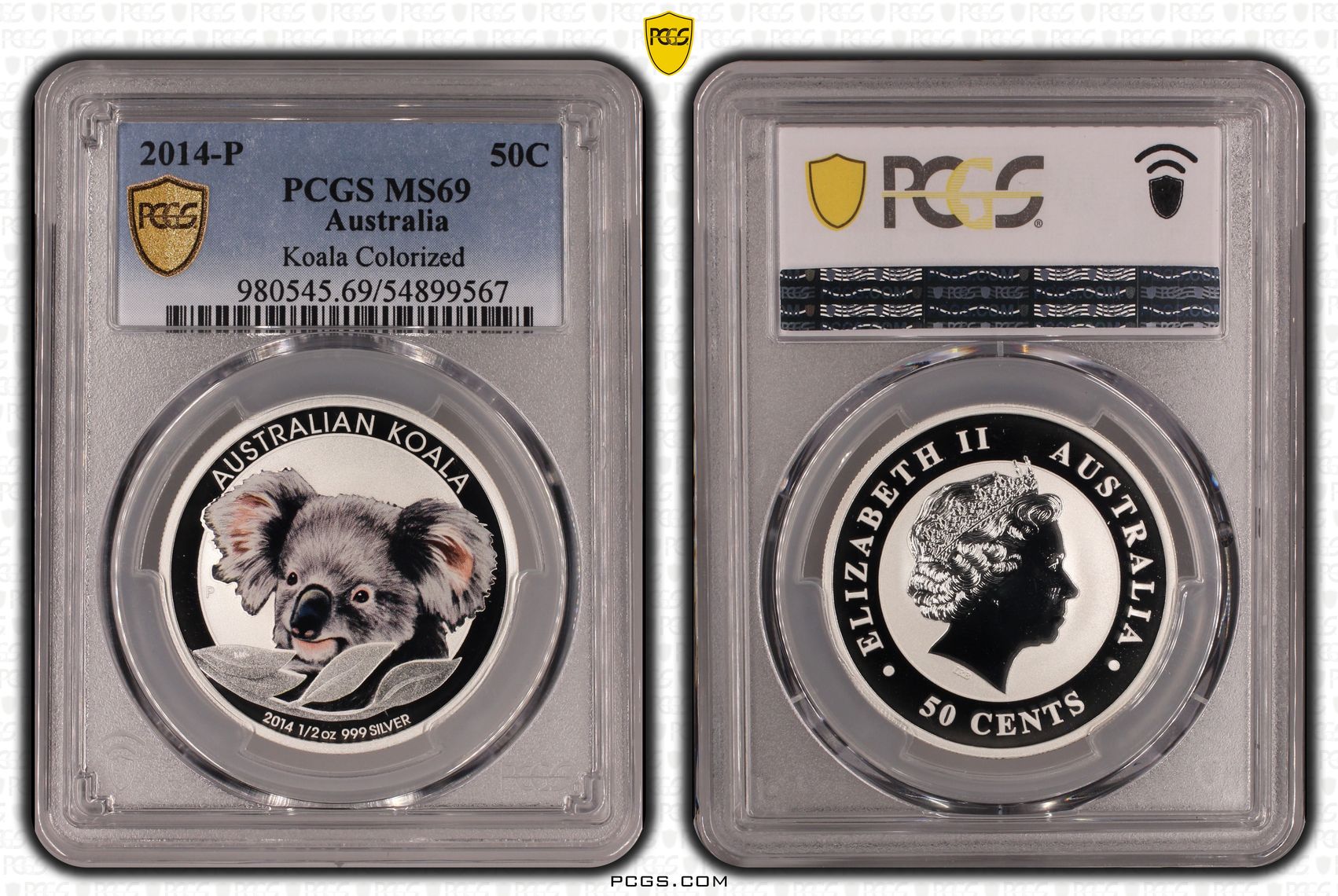 Koala Colourised, POP 1/0, Fifty Cent, 2014-P, PCGS MS69