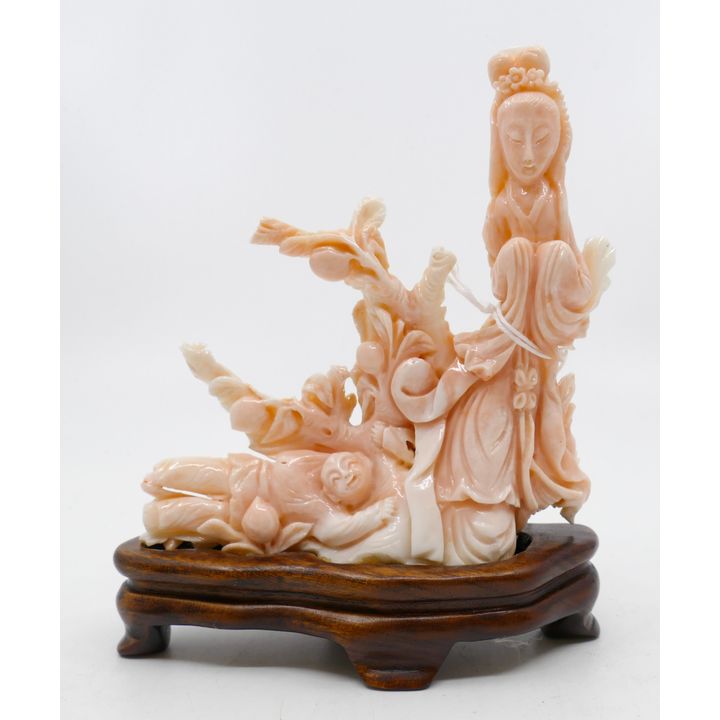 Chinese Carved Pink Coral Guanyin Figure Group 5.5''x5''