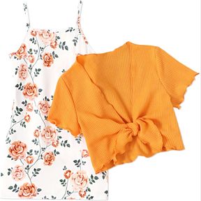 PATPAT GIRL DRESS AND CARDIGAN 2 PIECE TODDLER FLORAL PRINT SLEEVELESS TANK DRESS AND SHORT-SLEEVE DENIM CARDIGAN SET SIZE 3 YEARS