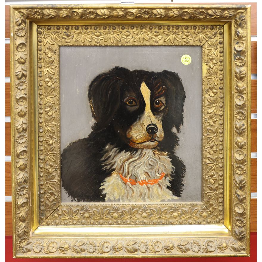Antique Collie Dog Portrait Oil Painting Framed 18''x16''