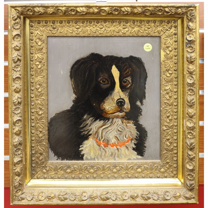 Antique Collie Dog Portrait Oil Painting Framed 18''x16''