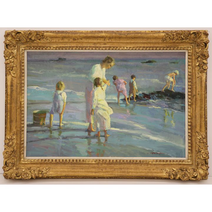Ornate ''A Day at the Beach'' Modern Oil on Canvas