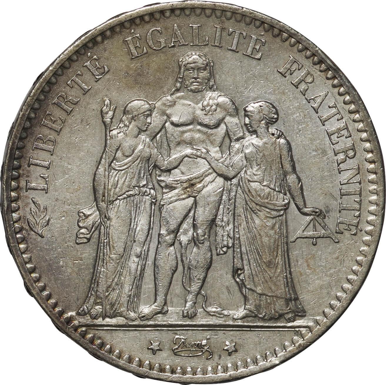 フランス-France. 1876. Silver. 5ﾌﾗﾝ(Franc). 極美. EF. ヘラクレス 