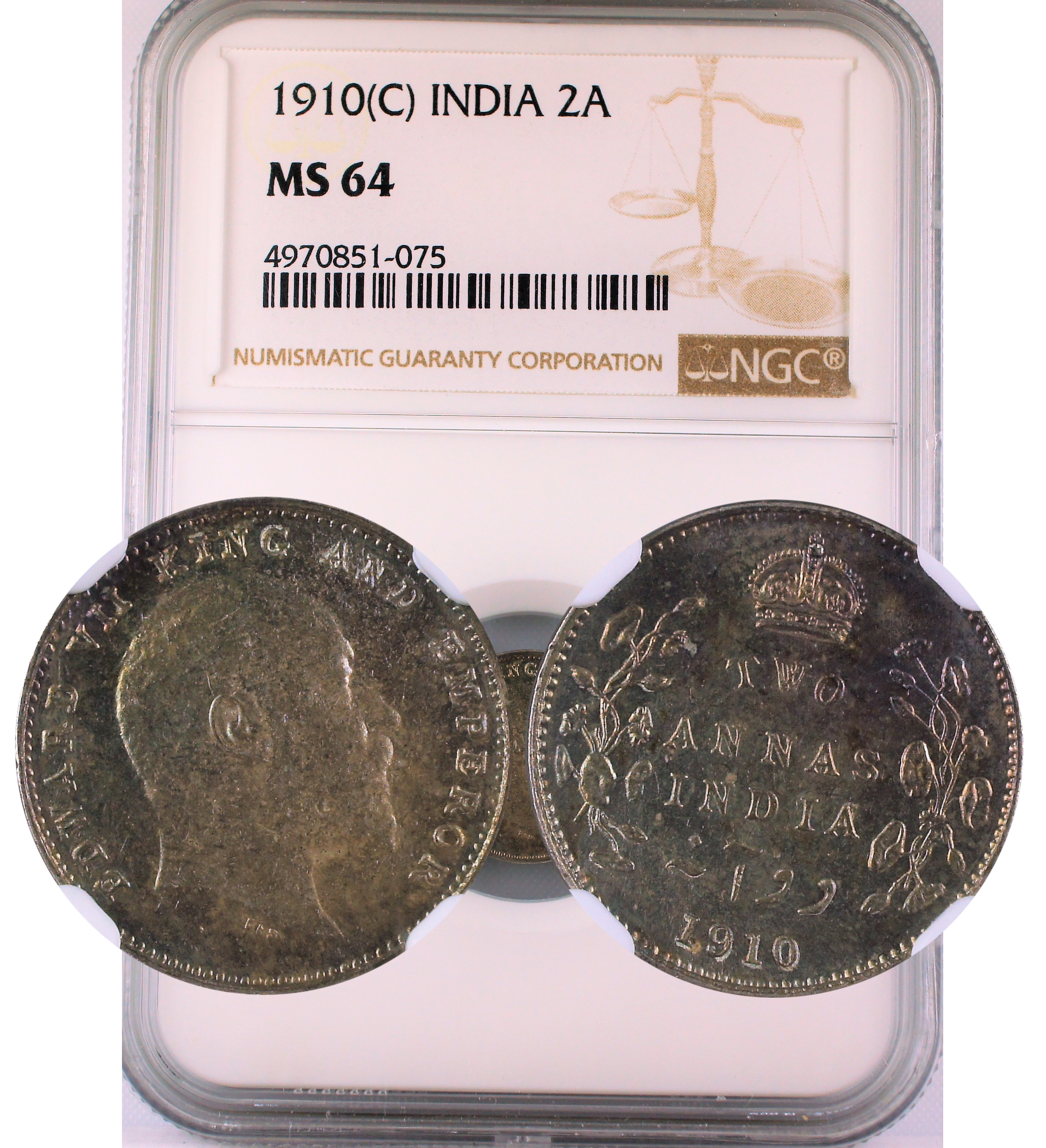 1910 C INDIA 2ANNA MS64, Dot on Vine
