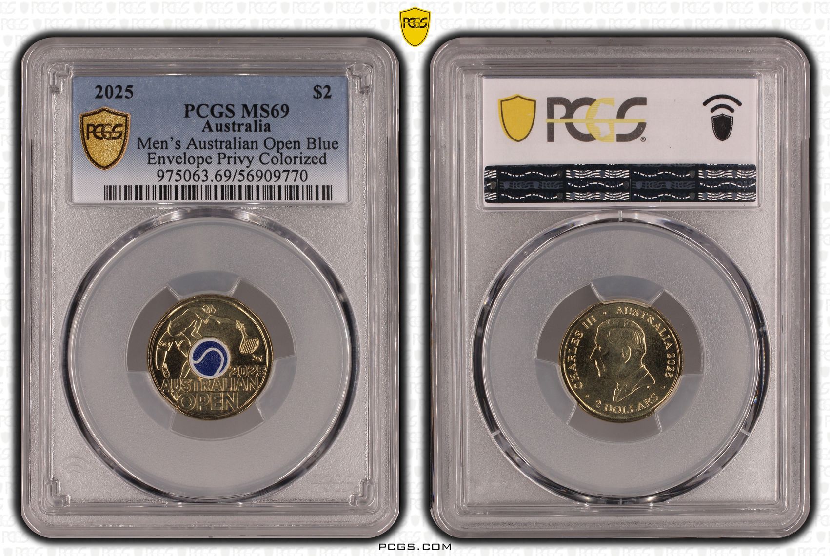 Men's Australian Open Blue Envelope Privy Colourised, Two Dollar, 2025, PCGS MS69